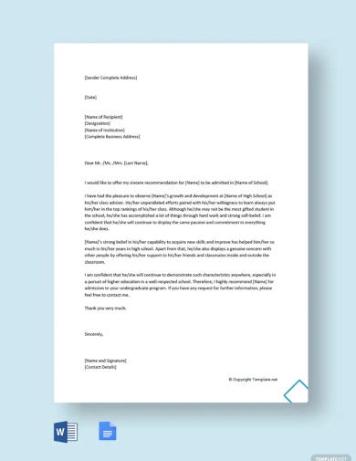 reference letter for school admission template