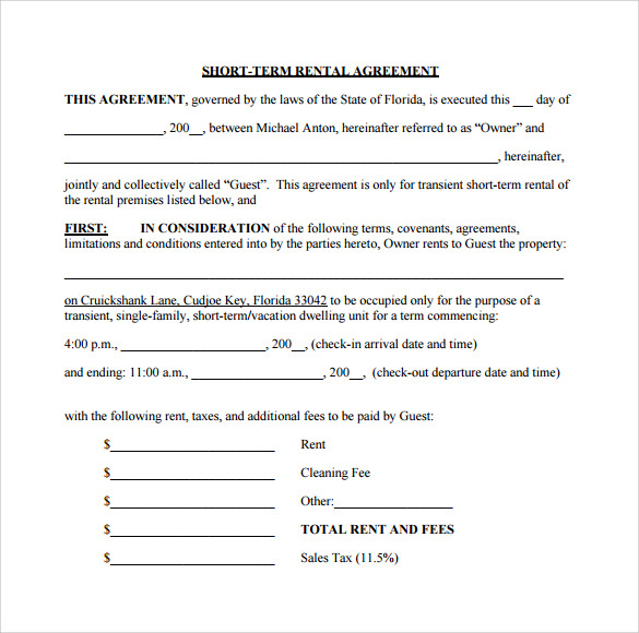 short term rental agreement download in pdf