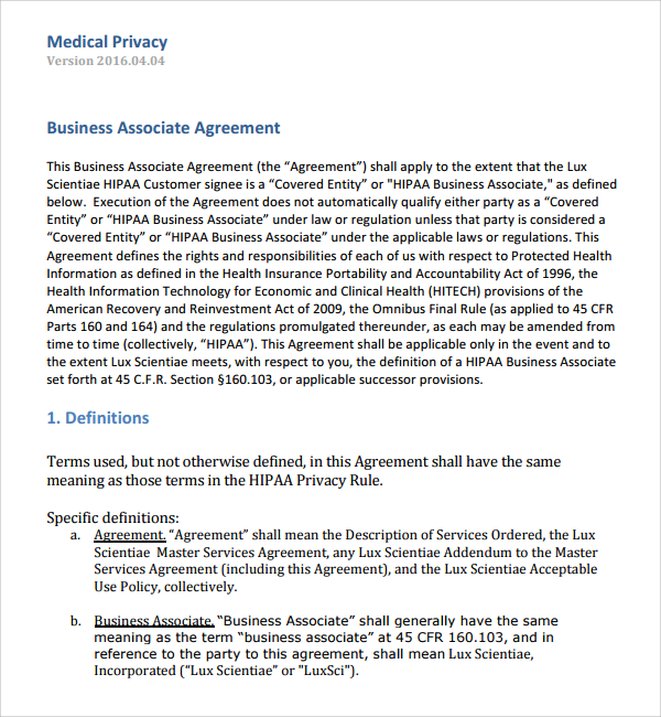 medical business associates agreement template