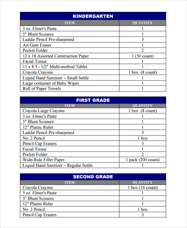 school supply list template