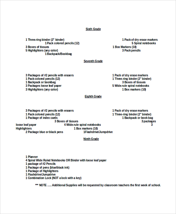 sample supply list template
