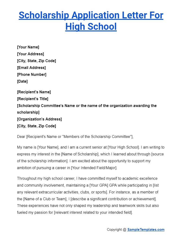 scholarship application letter for high school