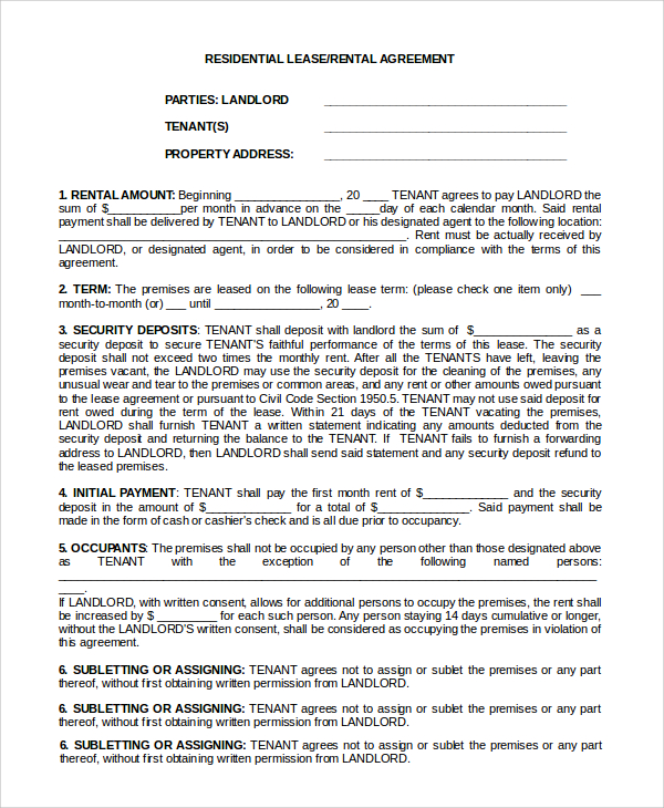 residential rental lease agreement form