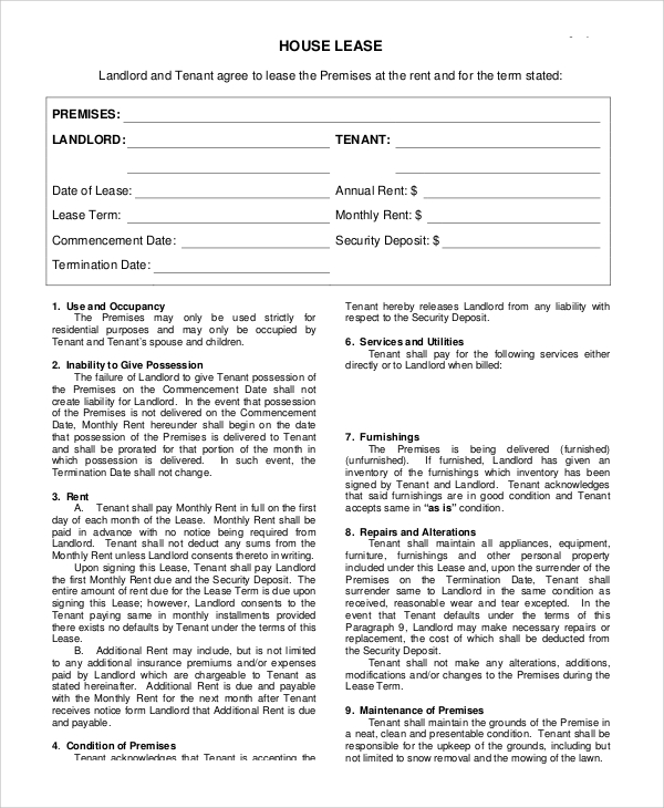house rental lease agreement form