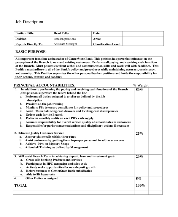 bank head teller description