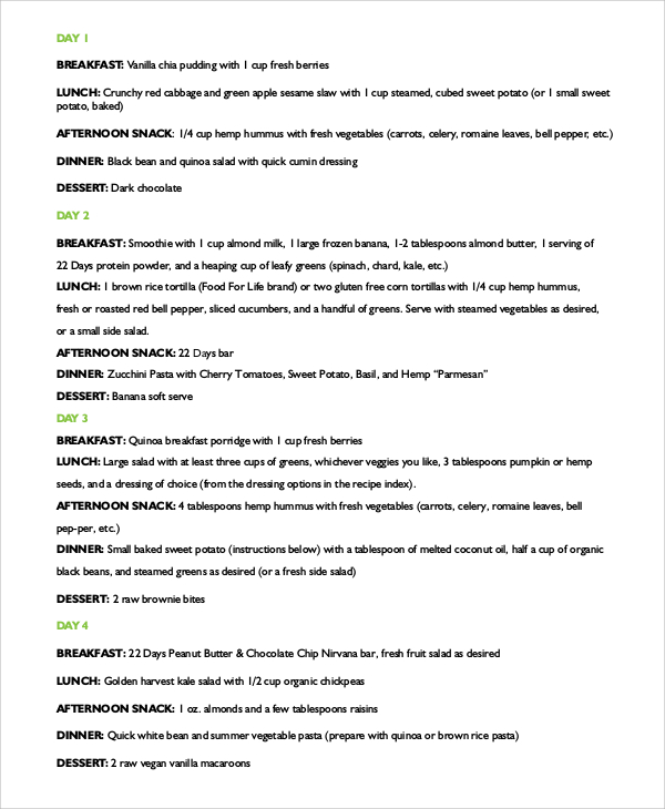 sample 22 day meal plan