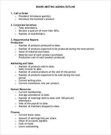 board meeting agenda outline
