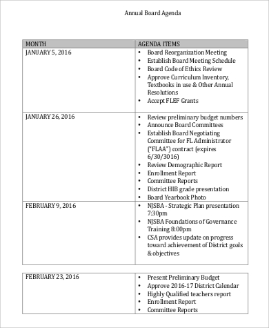 annual board agenda