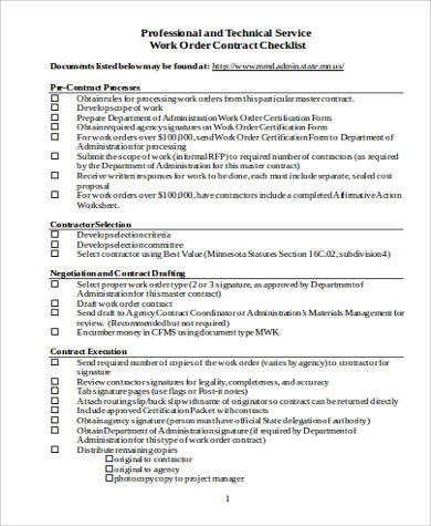 work order contract checklist