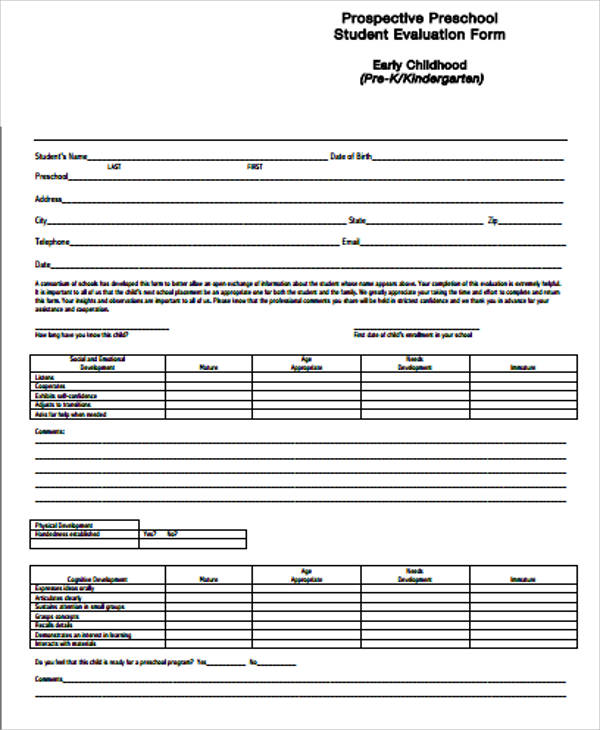 pre school student evaluation form