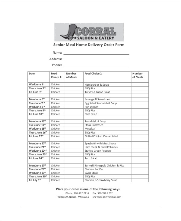 food delivery order form