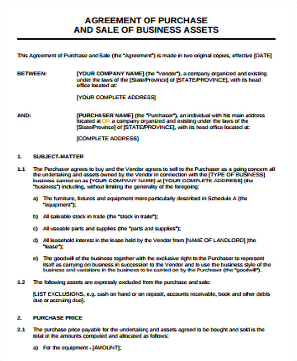 purchase and sale agreement for business assests