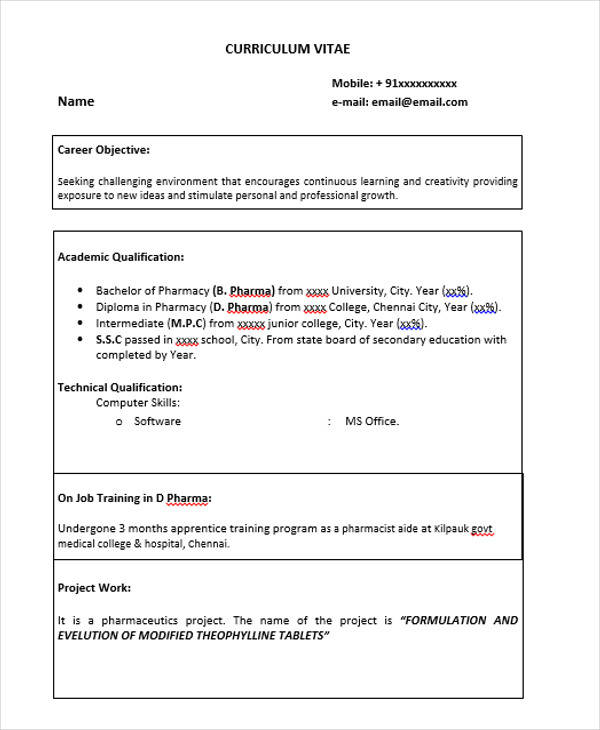 b pharmacy fresher resume