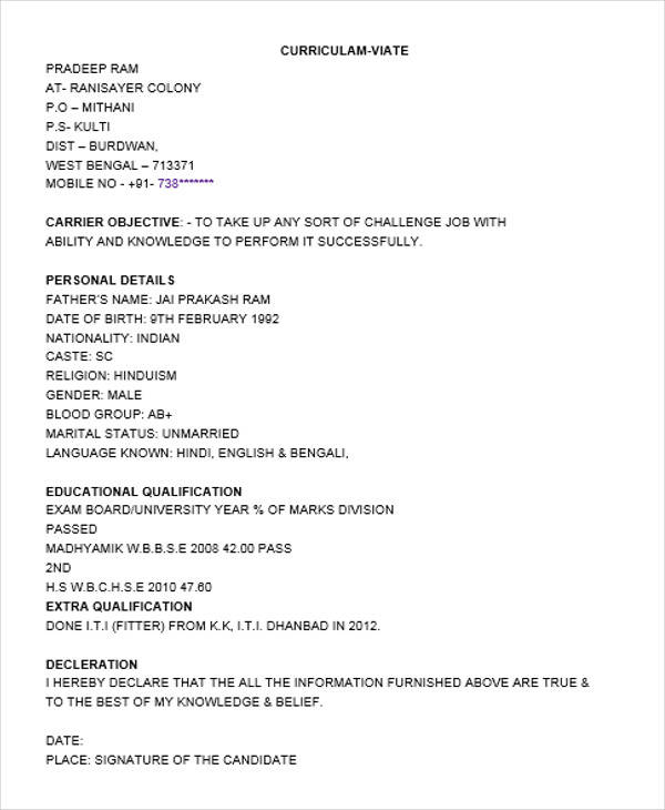 iti fitter fresher resume