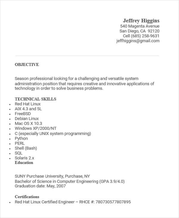 linux fresher resume sample