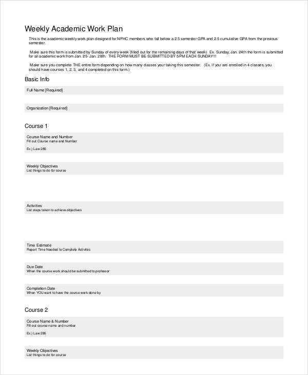 weekly academic work plan