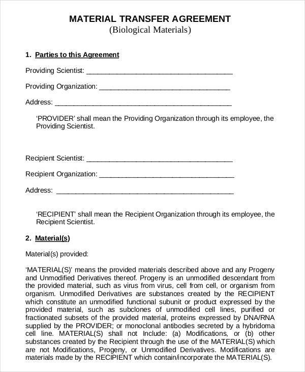 agreement for material transfer