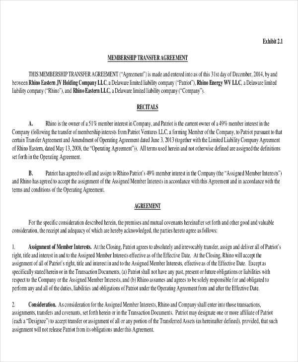 agreement for membership transfer