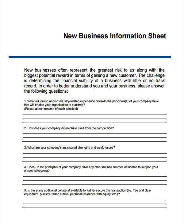 new sheet for business information