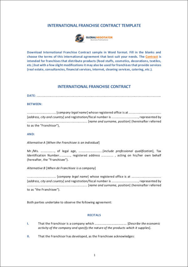 international franchise contract template sample