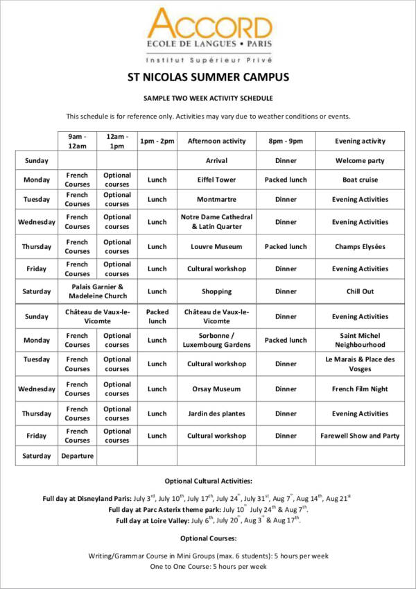 sample two week activity schedule