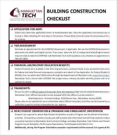 building construction checklist sample