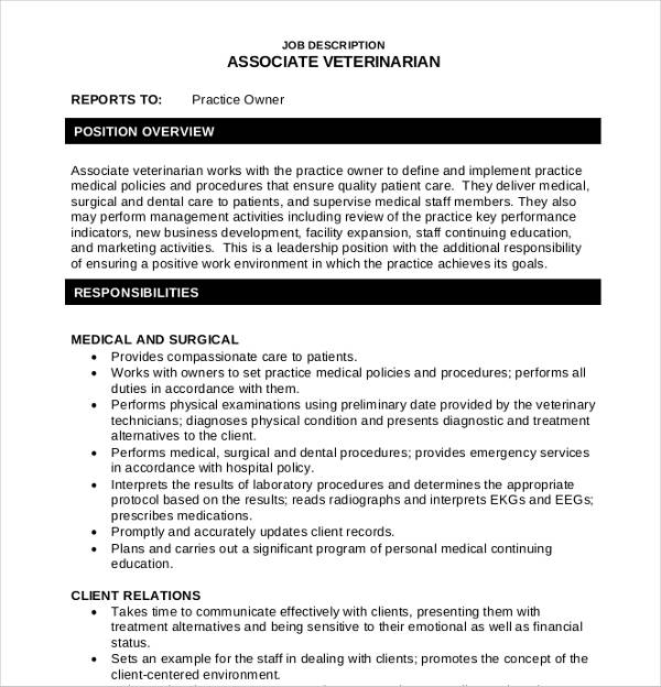 sample veterinarian associate job description
