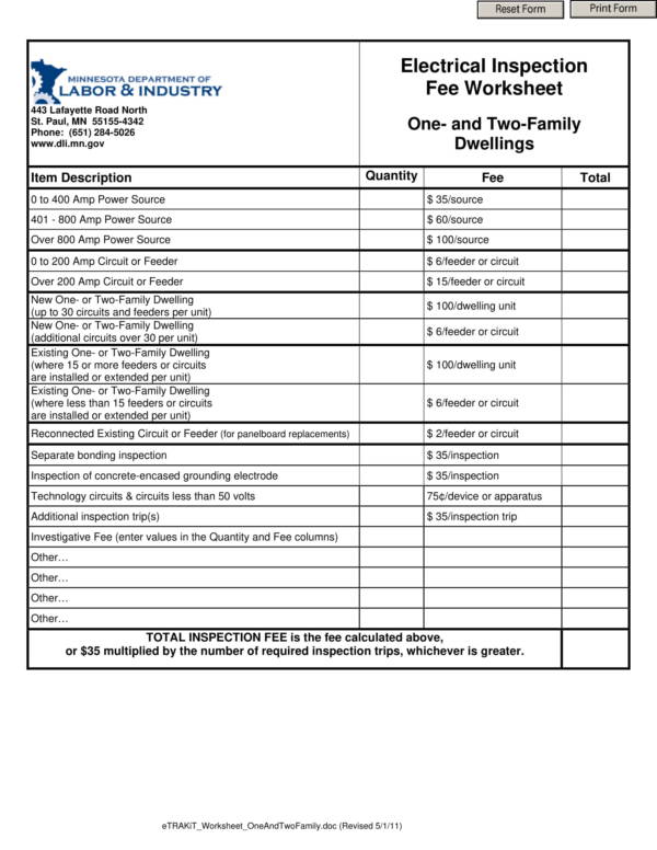 electrical inspection fee worskheet template 1
