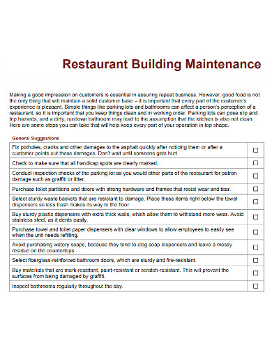 restaurant building maintenance checklist