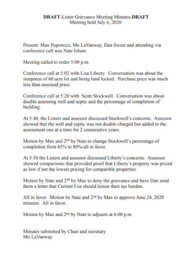 sample grievance meeting minutes
