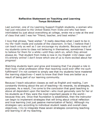 reflective teaching and learning statement