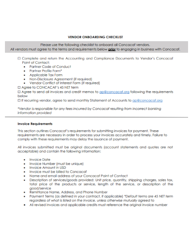 standard vendor onboarding checklist