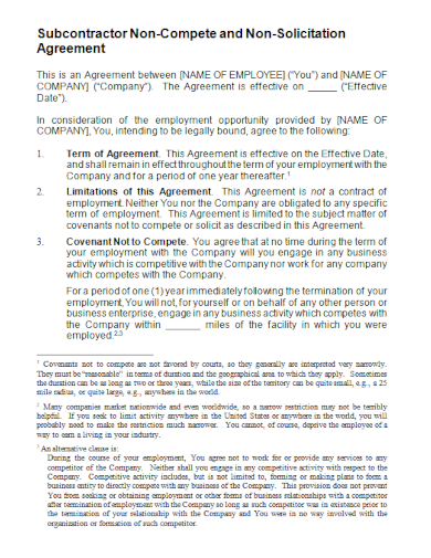 subcontractor non solicitation non compete agreement