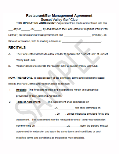 restaurant management operating agreement