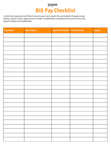 payee bill pay checklist