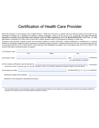 certification of health care provider