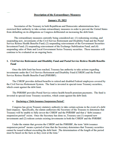 description of the extraordinary measures template