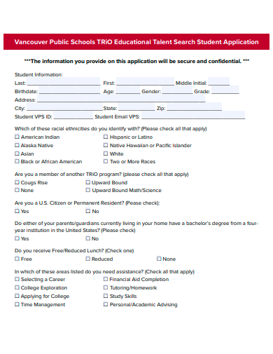 educational talent search student application template