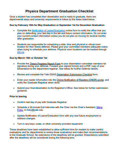 physics department graduation checklist template