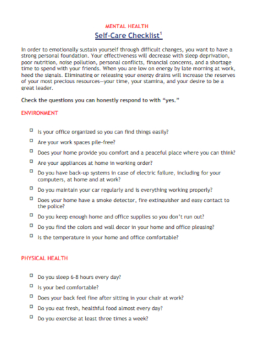 self care mental health checklist