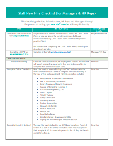 staff new hire checklist template