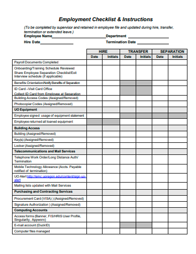 printable employment checklist template