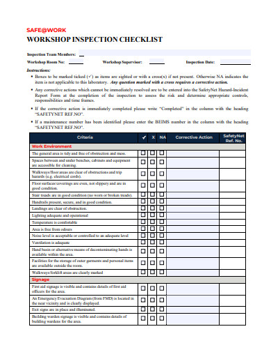 workshop inspection checklist template