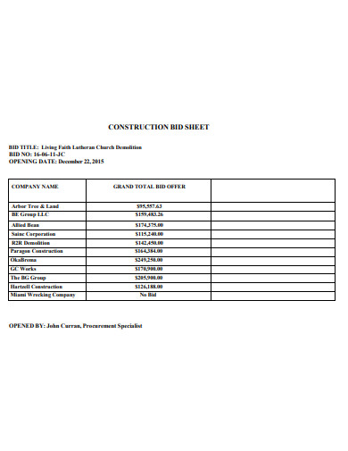 sample construction bid sheet template